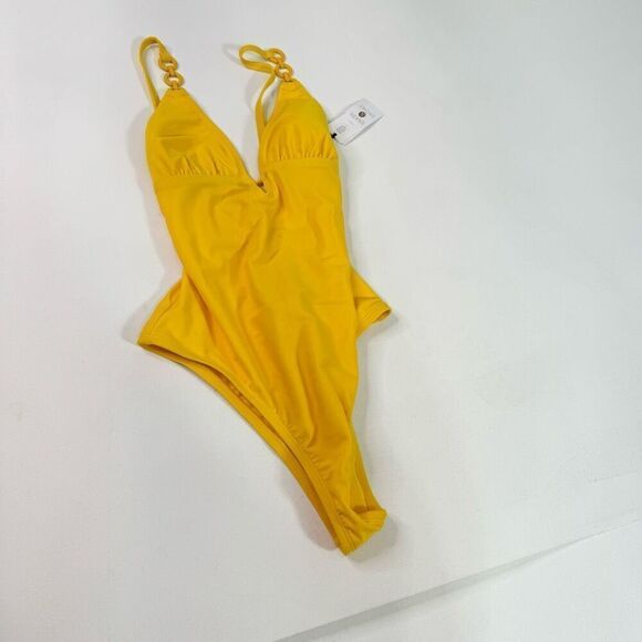 Shade & Shore Swim Women Small Yellow Plunge Hardware Trim Cheeky One Piece NWT - Picture 1 of 10